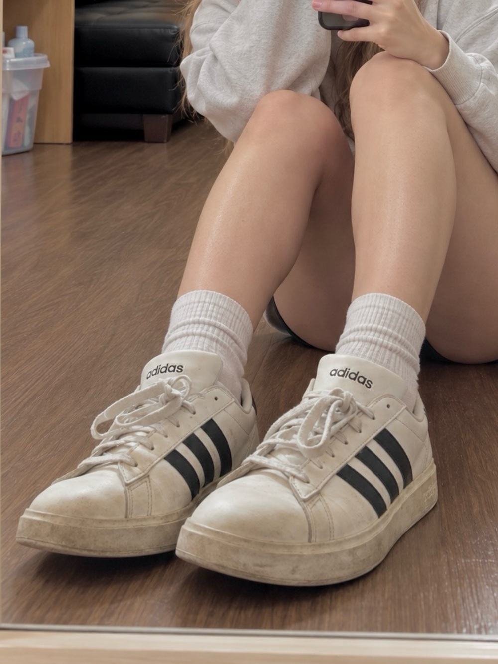 Well loved adidas Women’s Classic Low-Top Sneakers in Light Gray with Black Stri